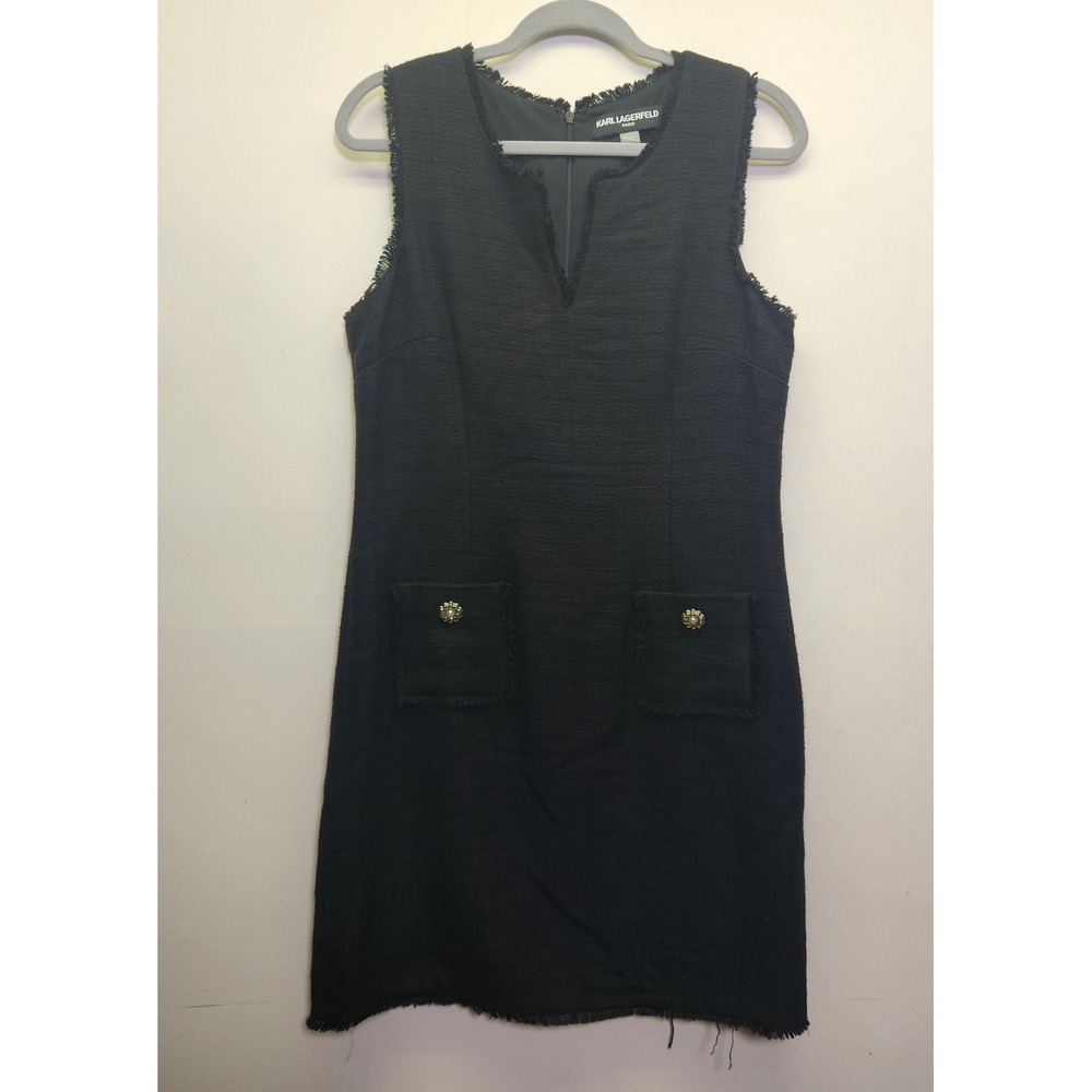 Karl Lagerfeld‎ Paris Black Tweed Shift Dress 12 V-Neck Sleeveless Knee Length
